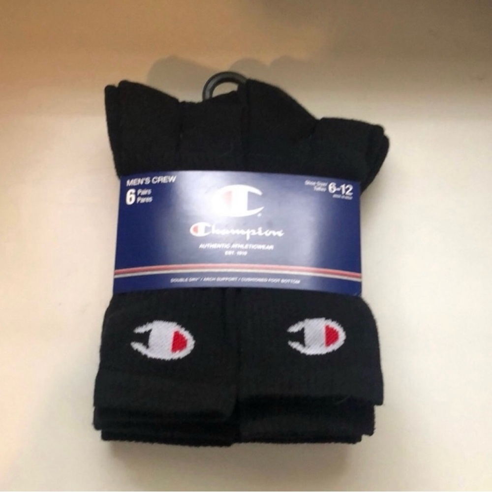 New Champion Socks Men’s 6 Pair Black Crew Socks Athletic Casual Activewear